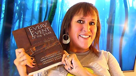 video still from Janet Kuypers reading her poetry 8/27/20 at the Virtual Austin Poetry Society open mic from her book “Every Event of the Year (Volume Two: July-December)”