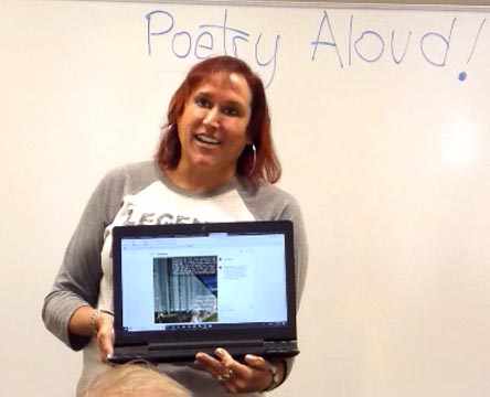 a video still of Janet Kuypers at Poetry Aloud