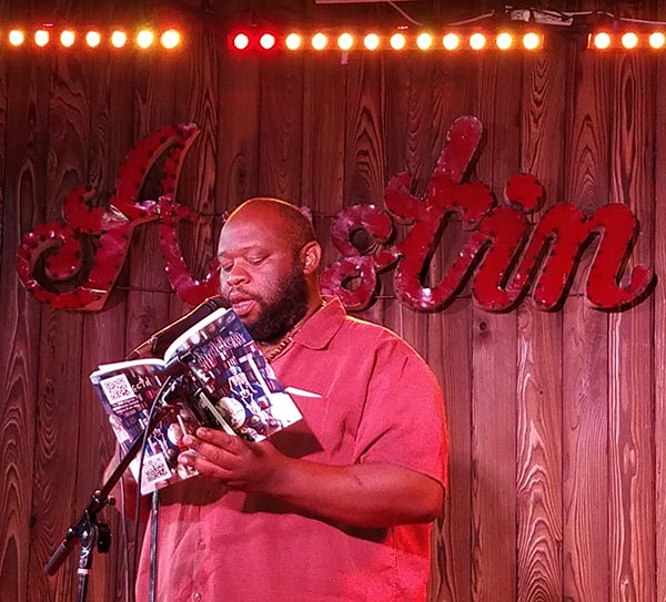 Joe Brundidge reading his poem Route 803 from Forbidden at the Spoken and Heard open mic at Kck Butt Coffee