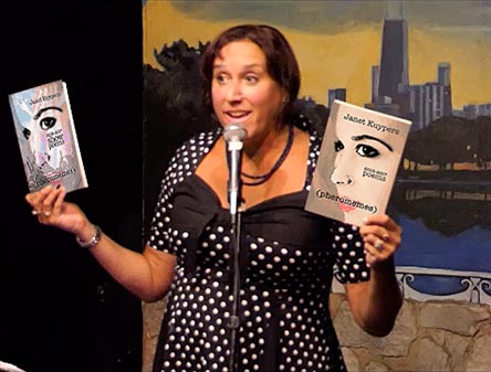 video still of Janet Kuypers reading from her books “(pheromemes) 2015-2017 poems” and “(pheromemes) 2015-2017 show poems” live