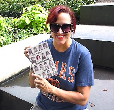 video still from Janet Kuypers reading from the book near the Ditka bobblehead statue Labor Day weekend at Millenium Park in Chicago 9/2/19